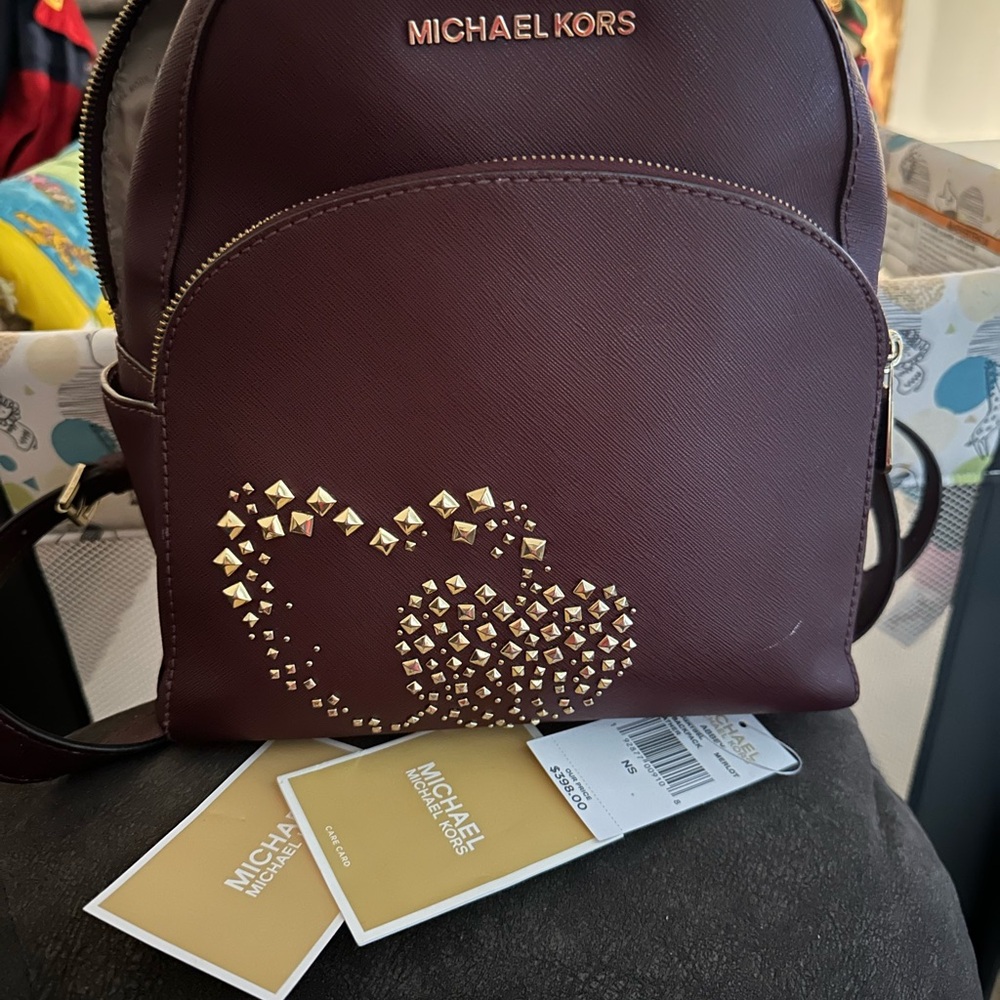 Michael Kors Burgundy Backpack with Gold Studded Hearts